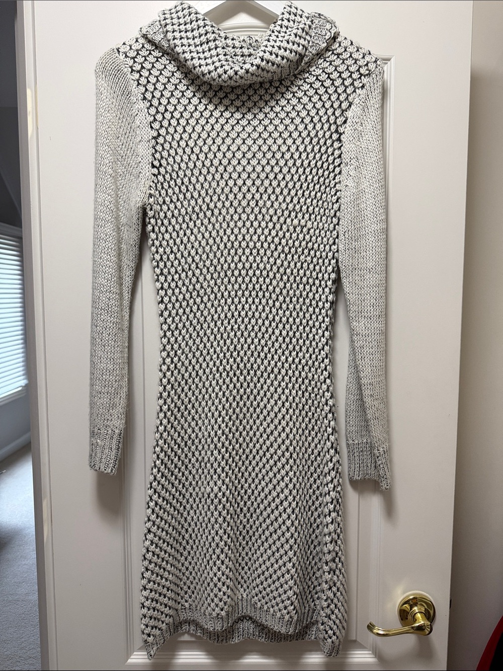 Cozy Gray & White Knit Cowl Neck Sweater Dress